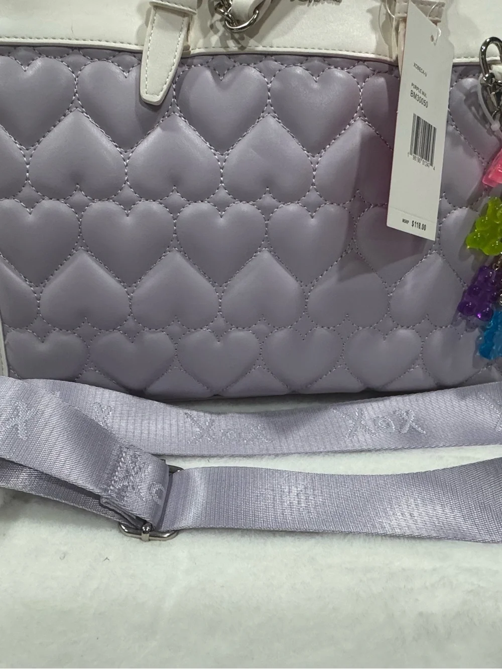 NWT Heart-Quilted Lavender and White Tote Bag by Betsey Johnson